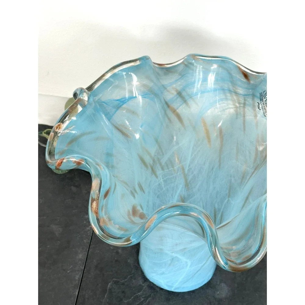 Blue Murano Art Blown Glass Vase Handkerchief Italian white Gold Swirl 11 x 14